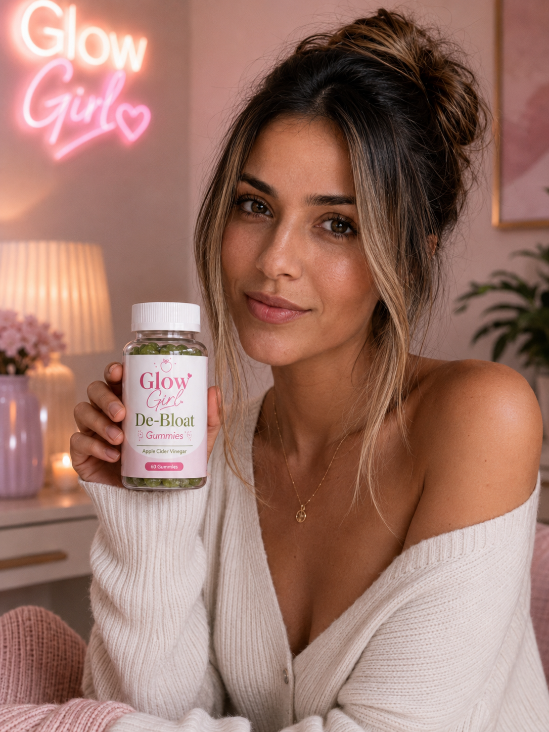 GlowGirl gummies on a bathroom shelf