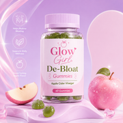 GlowGirl De-Bloat Gummies bottle, 60 apple cider vinegar gummies, with fresh apple and gummies on a lilac podium