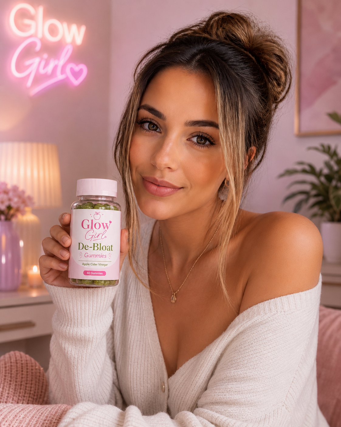 GlowGirl gummies on a bathroom shelf